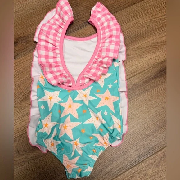 Sweet Honey Pink and Teal Starfish Ruffle One-Piece Swimsuit 2T - Picture 2 of 7